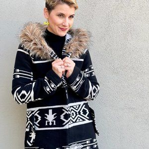 BB Dakota Black and White Aztec Print Faux Fur Coat